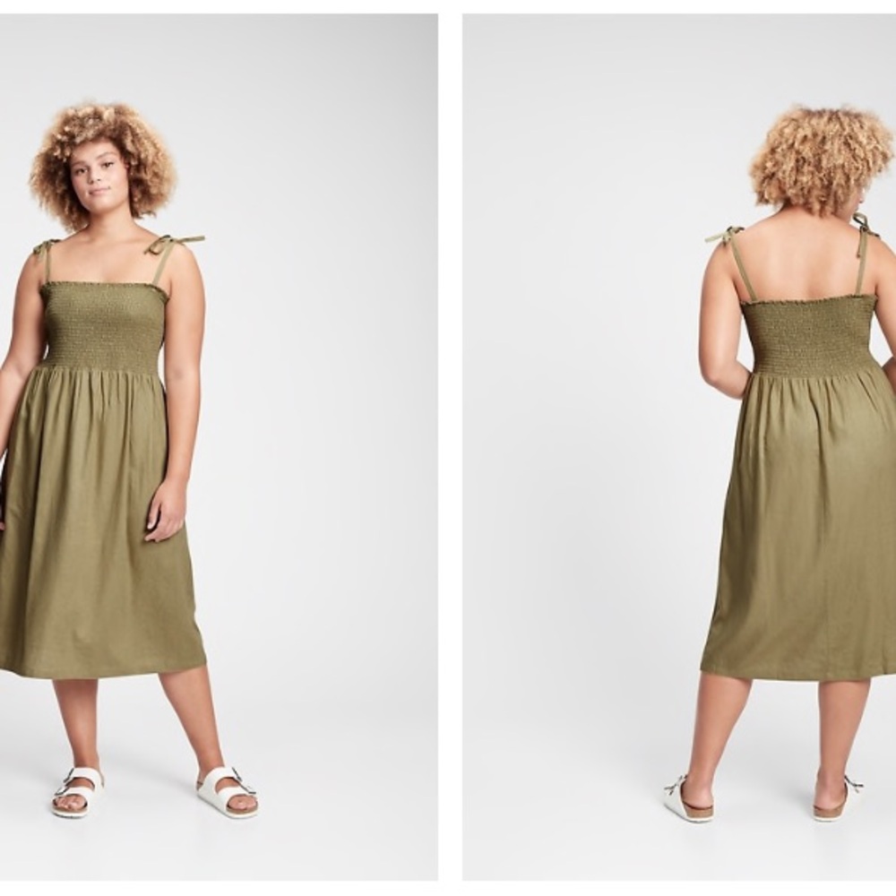 Smocked GAP linen blend  Tie-Shoulder Midi Dress - Olive in XL EUC